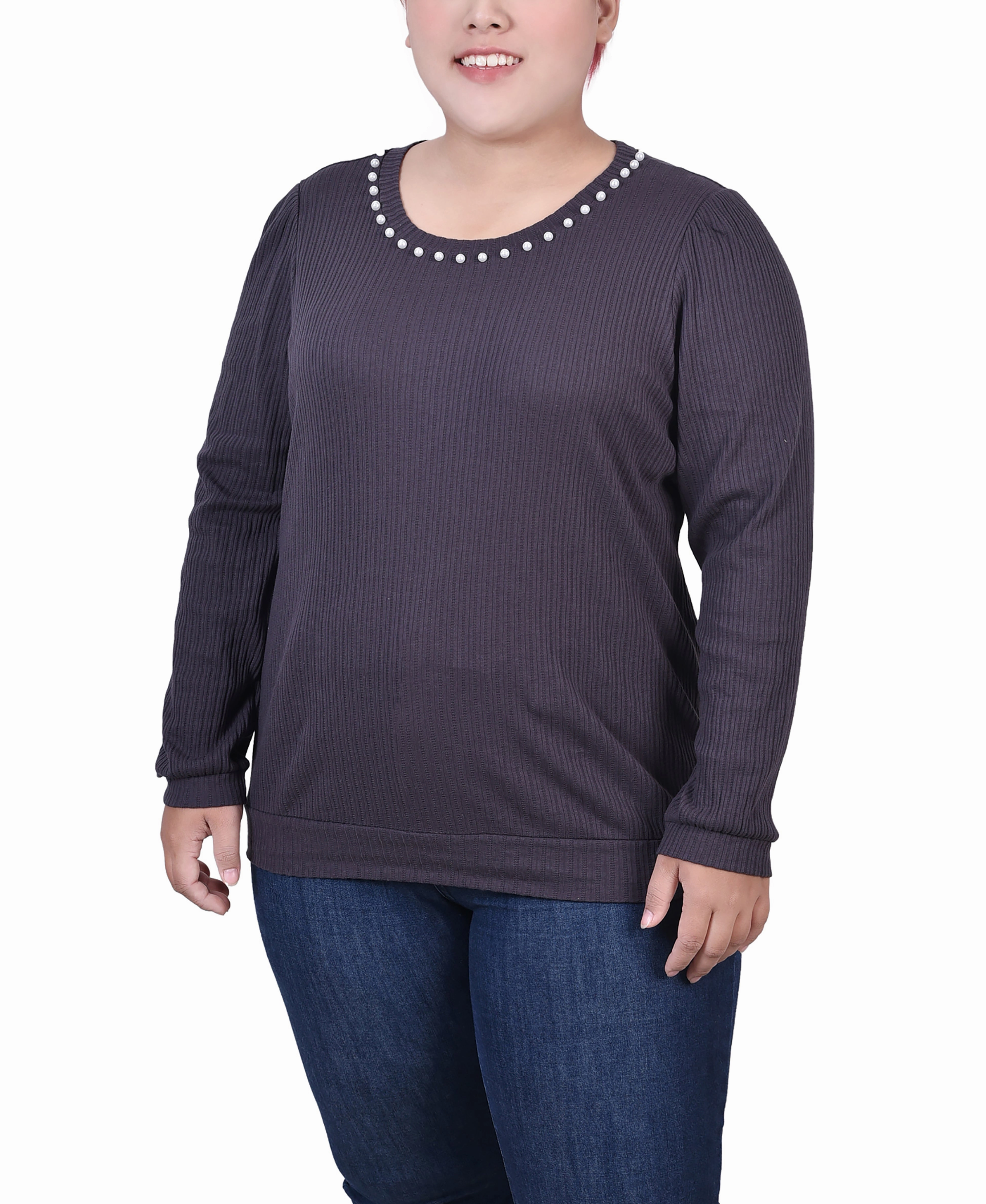 Tagless Comfort RollUpSleeves Plus Size Long Sleeve Ribbed Pearl Trimmed Top