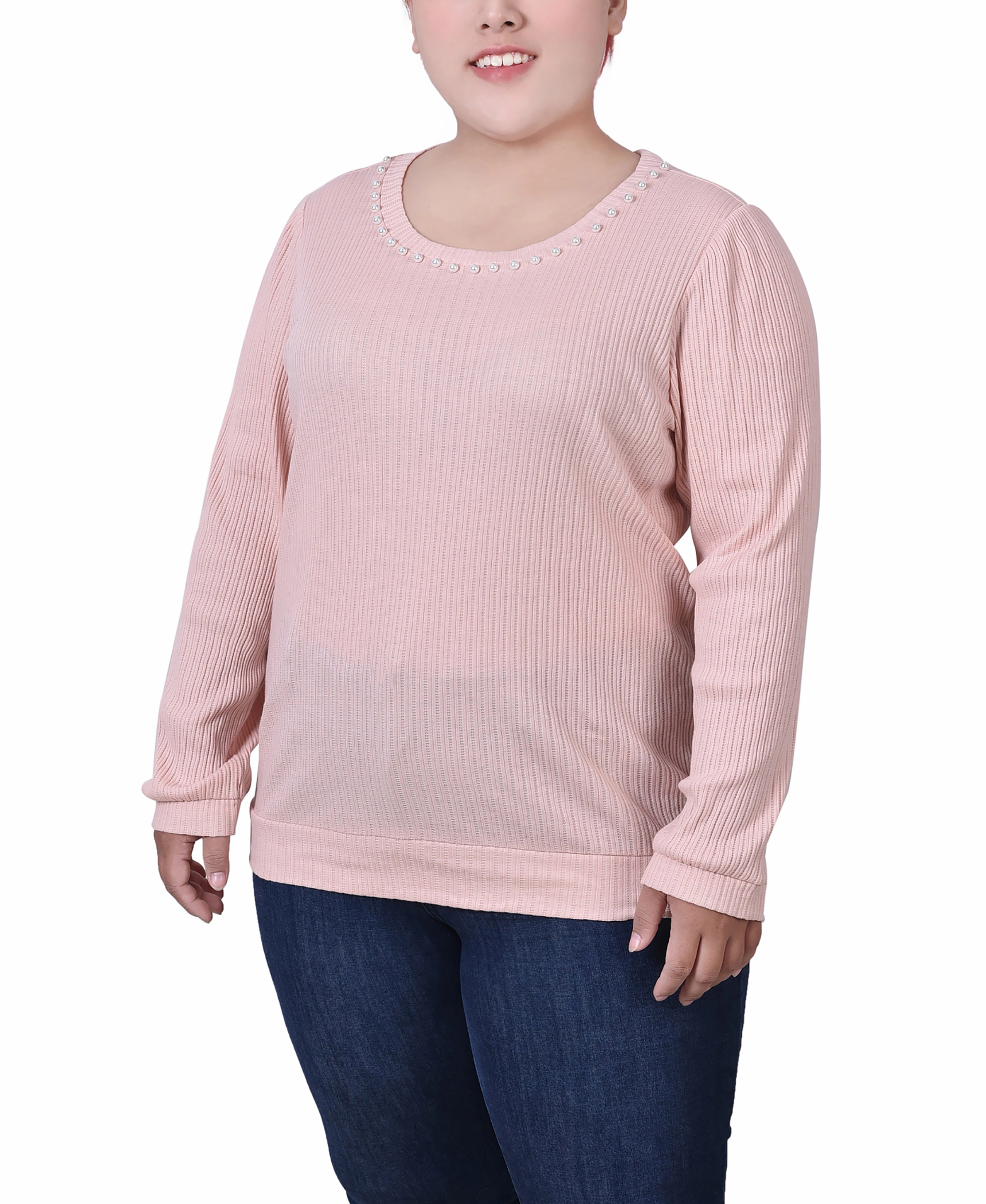 Plus Size Long Sleeve Ribbed Pearl Trimmed Top BondedHemline