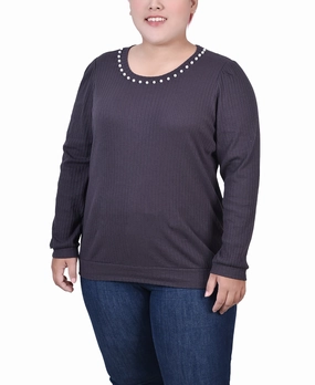 Anti Pill Finish Versatile Base Layer Plus Size Long Sleeve Ribbed Pearl Trimmed Top