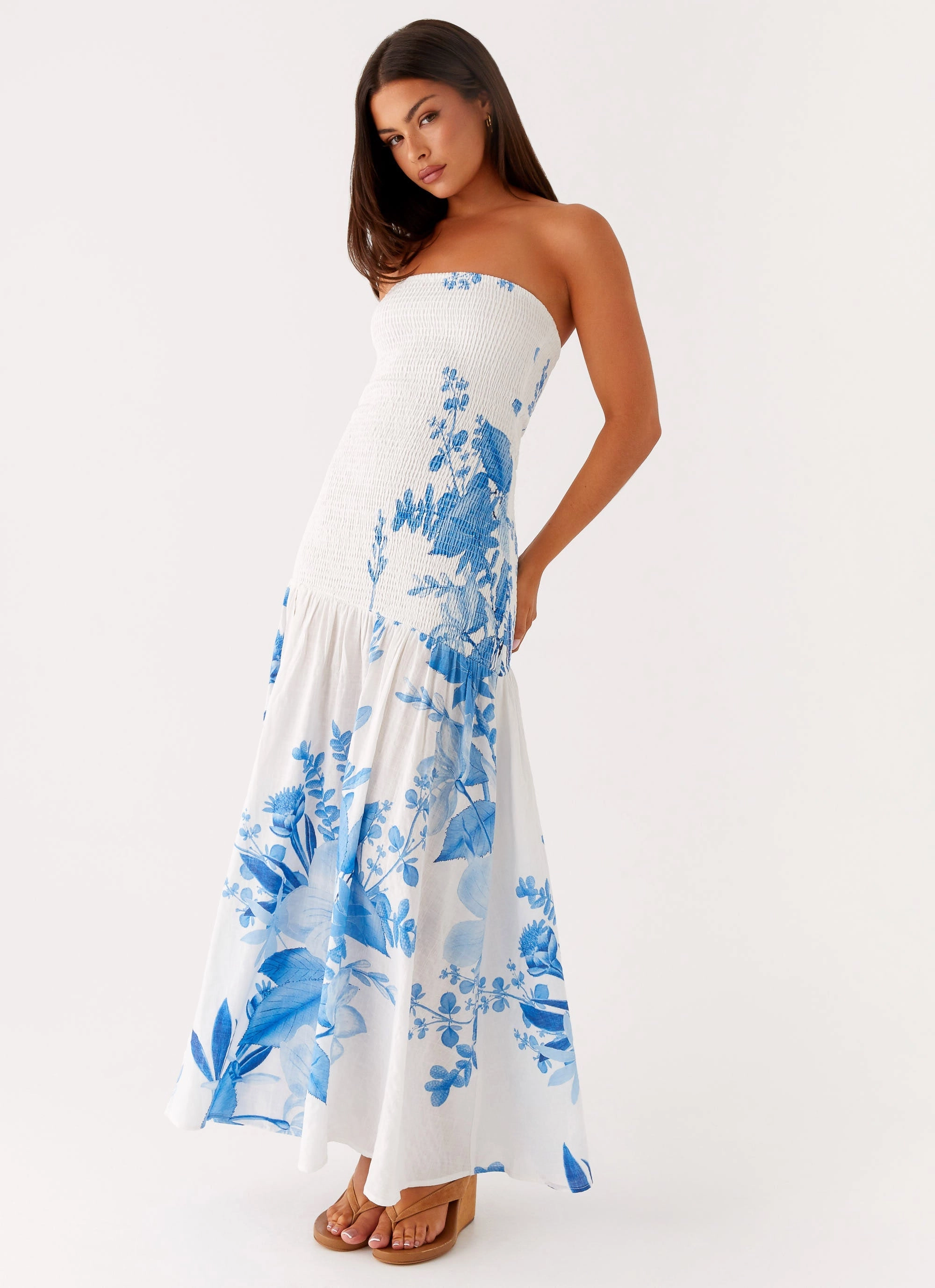 Rebecca Maxi Dress - Blue Floral Print skin friendly Social Ease