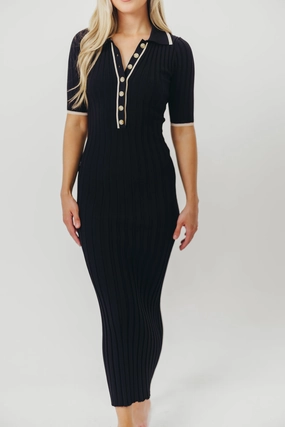 Addie Ribbed Button-Down Maxi Dress in Black - Nursing and Bump Friendly Sleek and Simple Flared shape