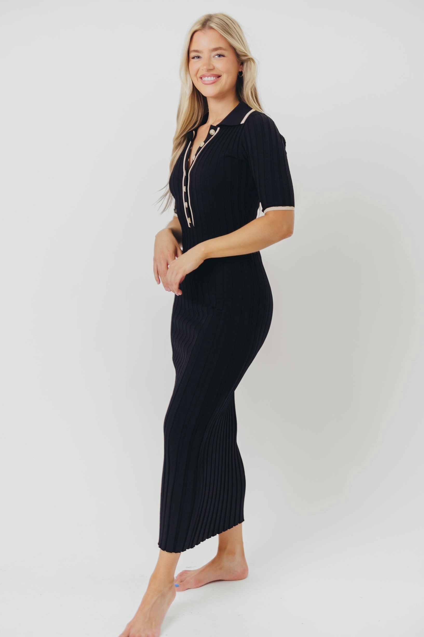 Addie Ribbed Button-Down Maxi Dress in Black - Nursing and Bump Friendly Light Flow