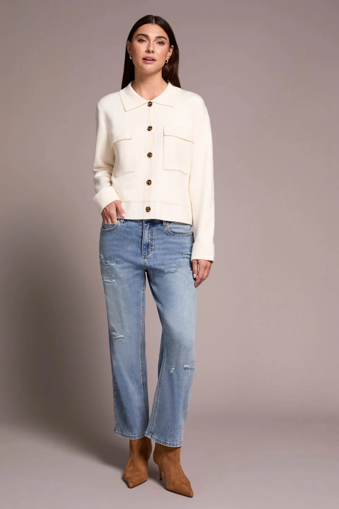 Ergonomic Pattern Design AbrasionResistant Tribal Double Knit Collared Sweater Cardigan in Moonstone