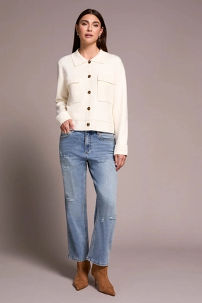 Ergonomic Pattern Design AbrasionResistant Tribal Double Knit Collared Sweater Cardigan in Moonstone