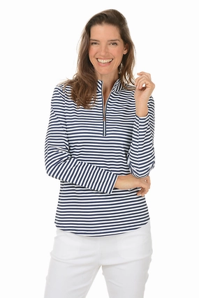 Flexible Ribbing Anti Pilling Fabric Navy Striped Mock Neck UPF50  Top