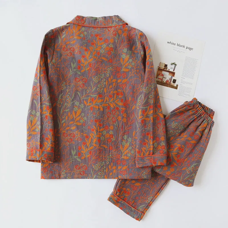 Red AOP Leaf Print Pure Cotton Pajama Set