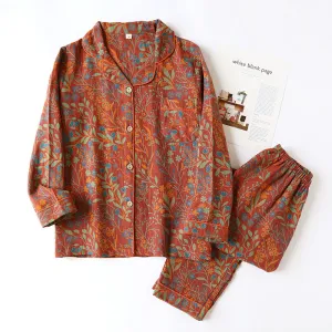 Red AOP Leaf Print Pure Cotton Pajama Set