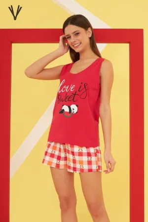 Red Love is Sweet The Sleeping Panda Shorts Set Cotton