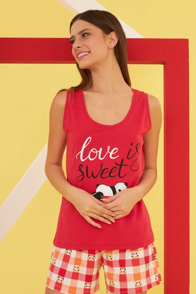 Red Love is Sweet The Sleeping Panda Shorts Set Cotton
