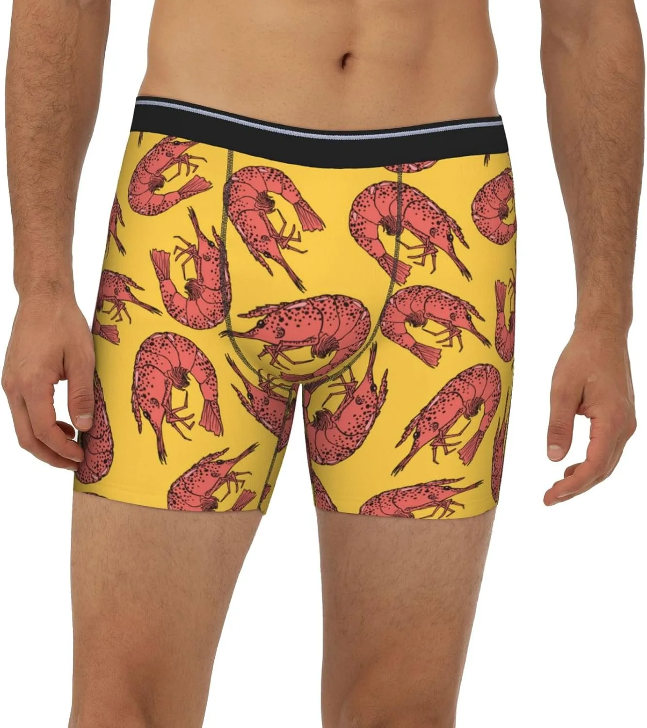 Red Shrimp Printed Yellow Mens Extended Underwear Length Boxer Briefs Comfort Breathable Underwear For Men