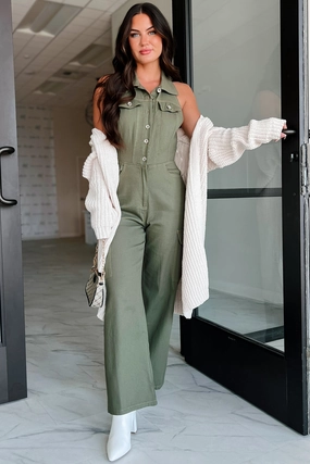 Social Call Denim Halter Cargo Jumpsuit (Olive) Sustainable Fabric Blend Anti Pilling Treatment