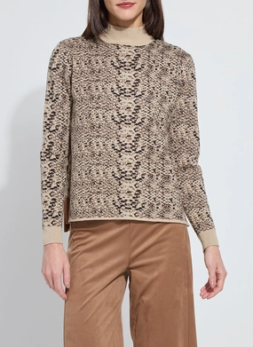 Lysse Declan Mock Neck Jacquard Sweater in Lux Camel Snake Jacquard PolyesterBlend AllSeason Wearability