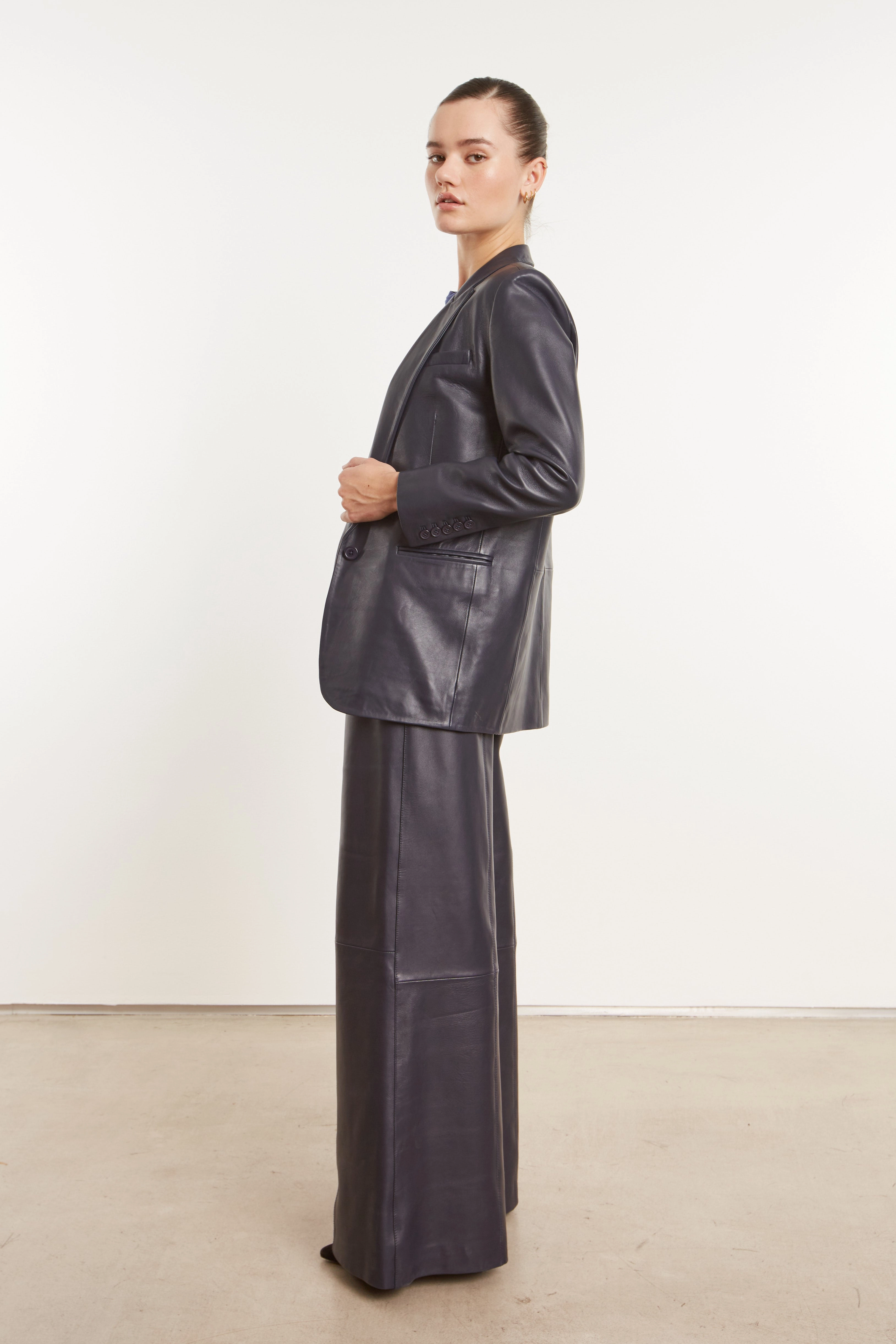 Navy Leather Blazer Durable Color Retention color block