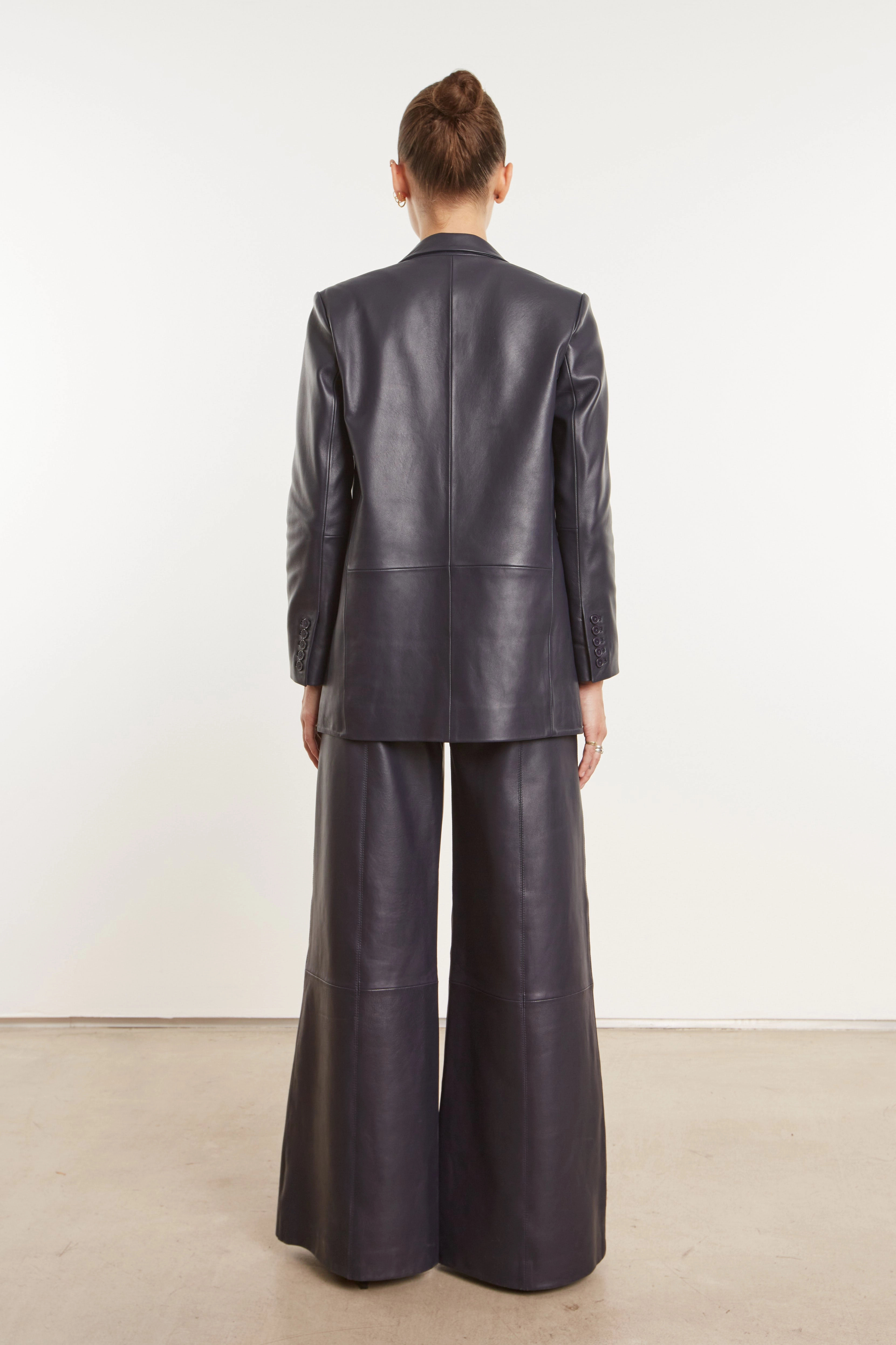 Navy Leather Blazer DoubleLayeredCuffs Contrast Stitch