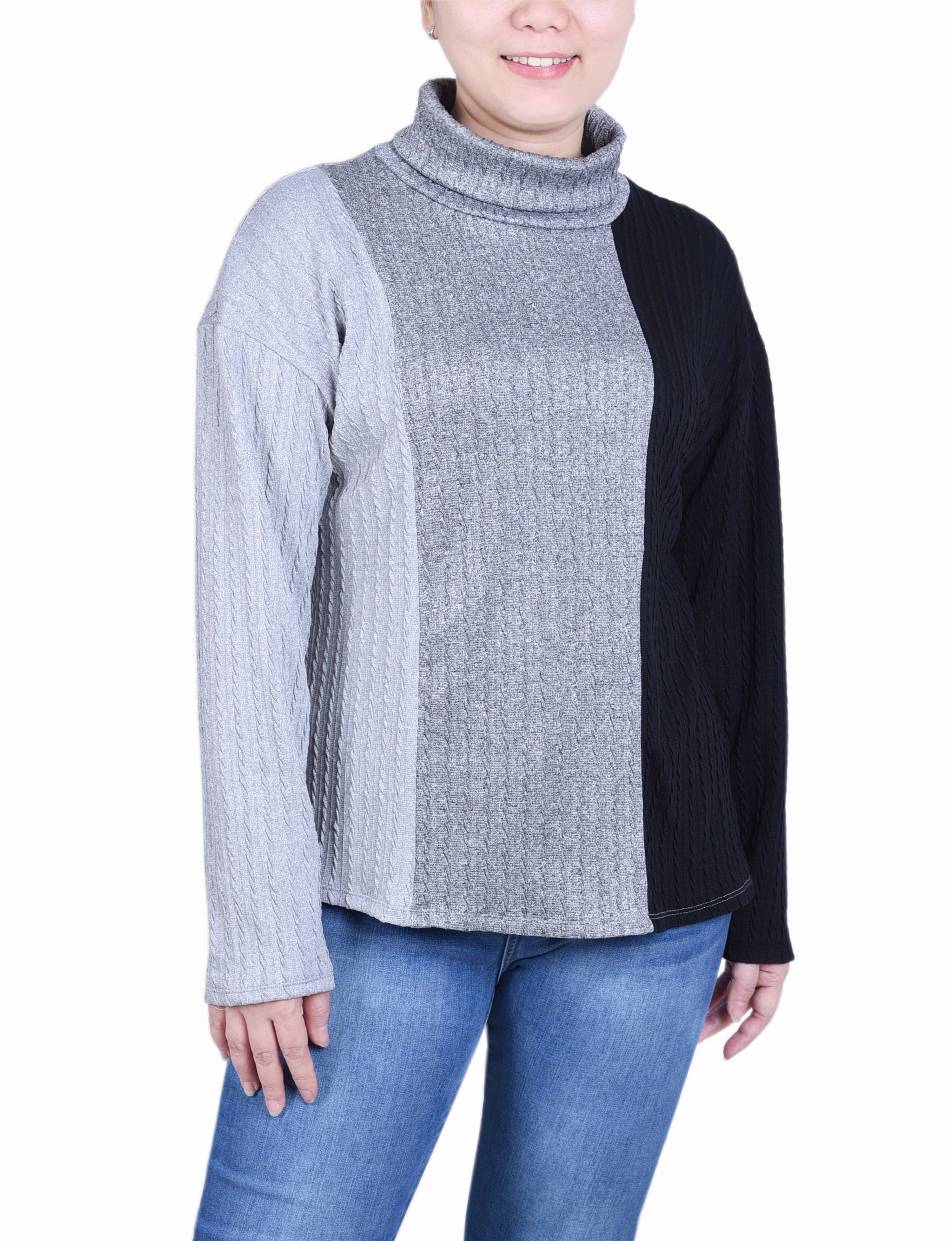 Long Sleeve Colorblocked Top Metallic Fiber Blend