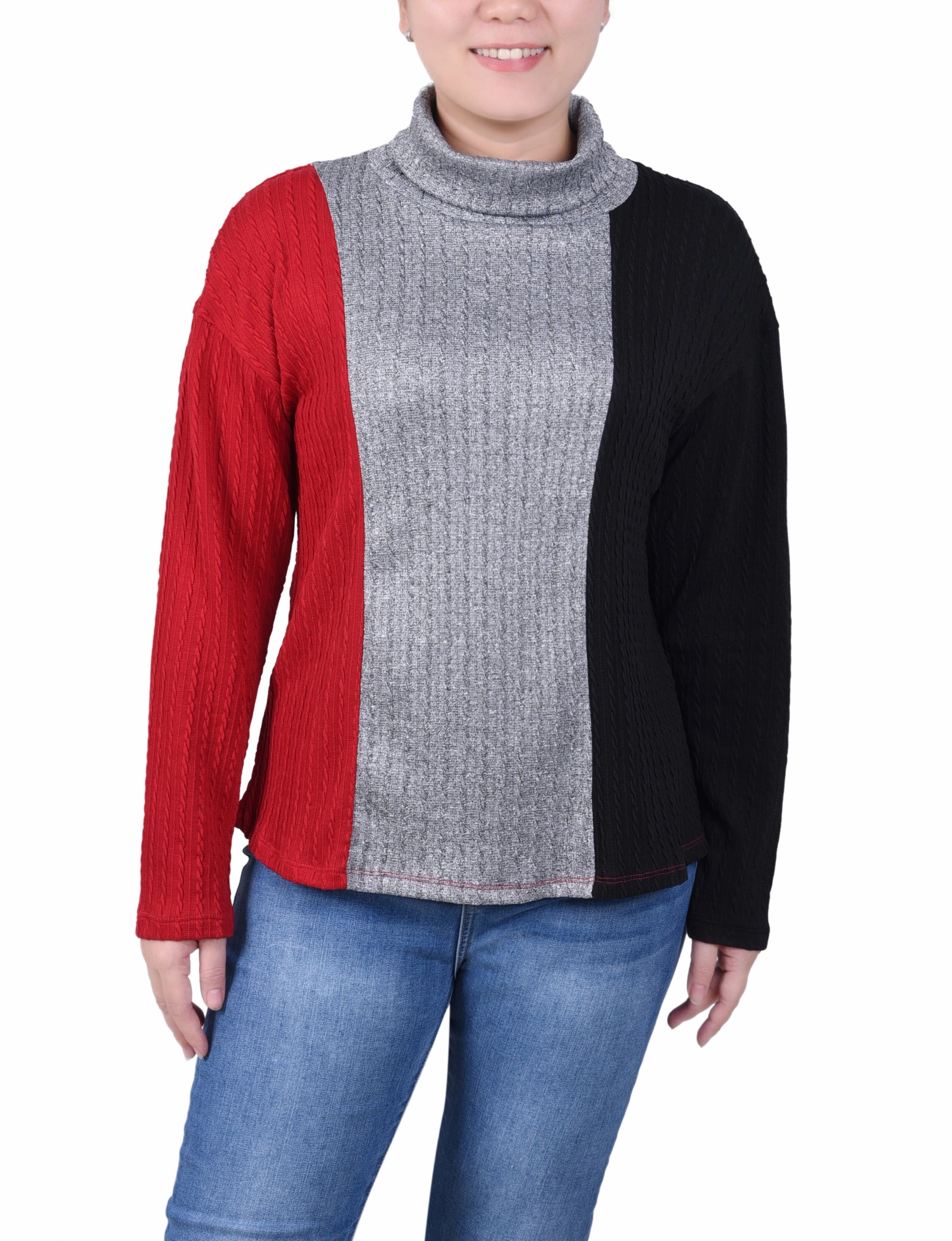Structured Shoulder Stretchable Material Long Sleeve Colorblocked Top
