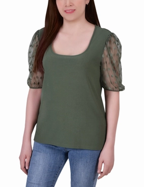 PreWashed Petite Elbow Sleeve Crepe Top With Mesh Dotted Sleeves