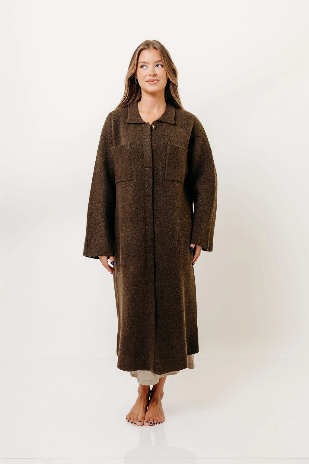 Dagny Hidden Button Maxi Jacket in Tapenade Versatile Layering LowProfileZipperSystem