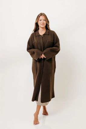 FlexibleNeckline Sporty Design Dagny Hidden Button Maxi Jacket in Tapenade