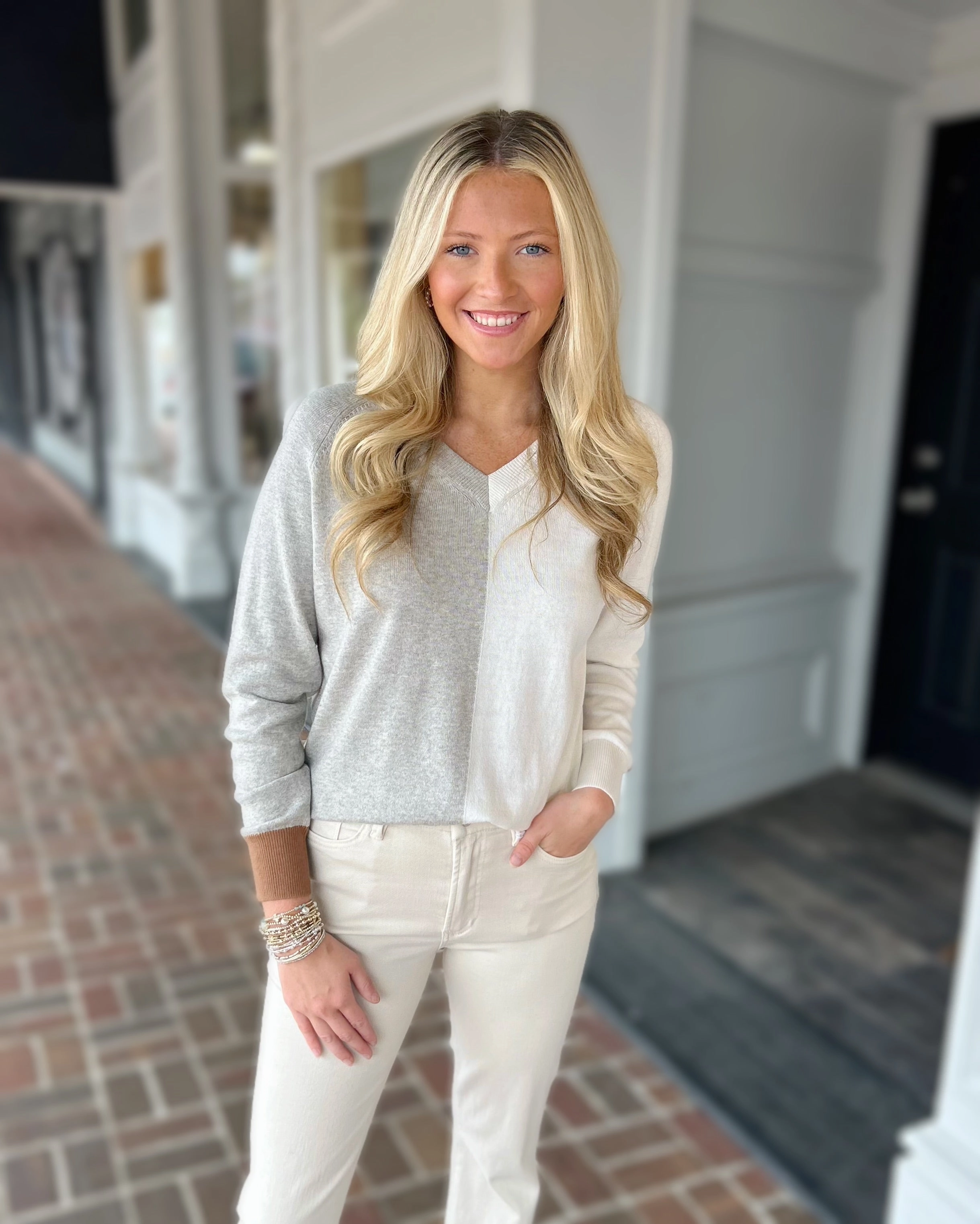 DoubleLayered Collar Varied Stripe V-Neck Sweater in Marl