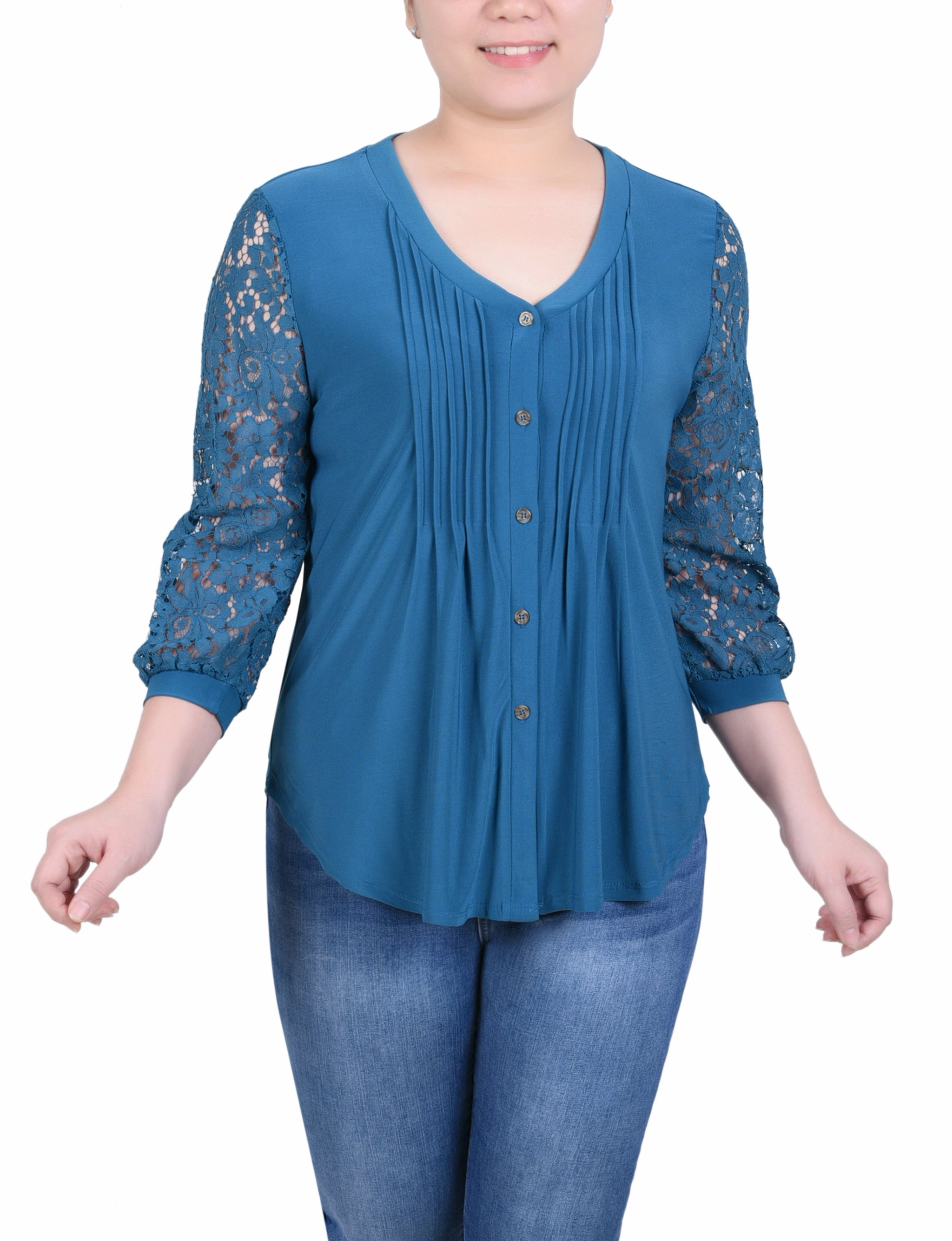 Petite Lace-Sleeve V Neck Top Everyday Jacket TexturedSurface