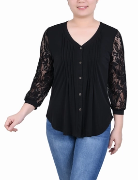 Petite Lace-Sleeve V Neck Top Water Repellent Finish Quick Dry Material