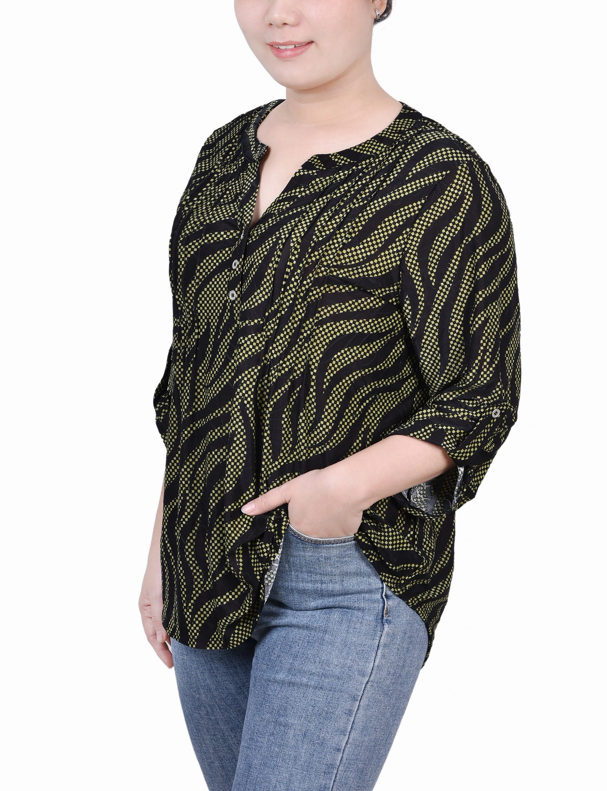 3/4 Roll Tab Pullover Top Double Layered Fabric