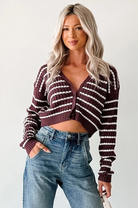 Relax & Flow Striped V Neck Cardigan Top (Dark Cherry/White) Taped Neckline