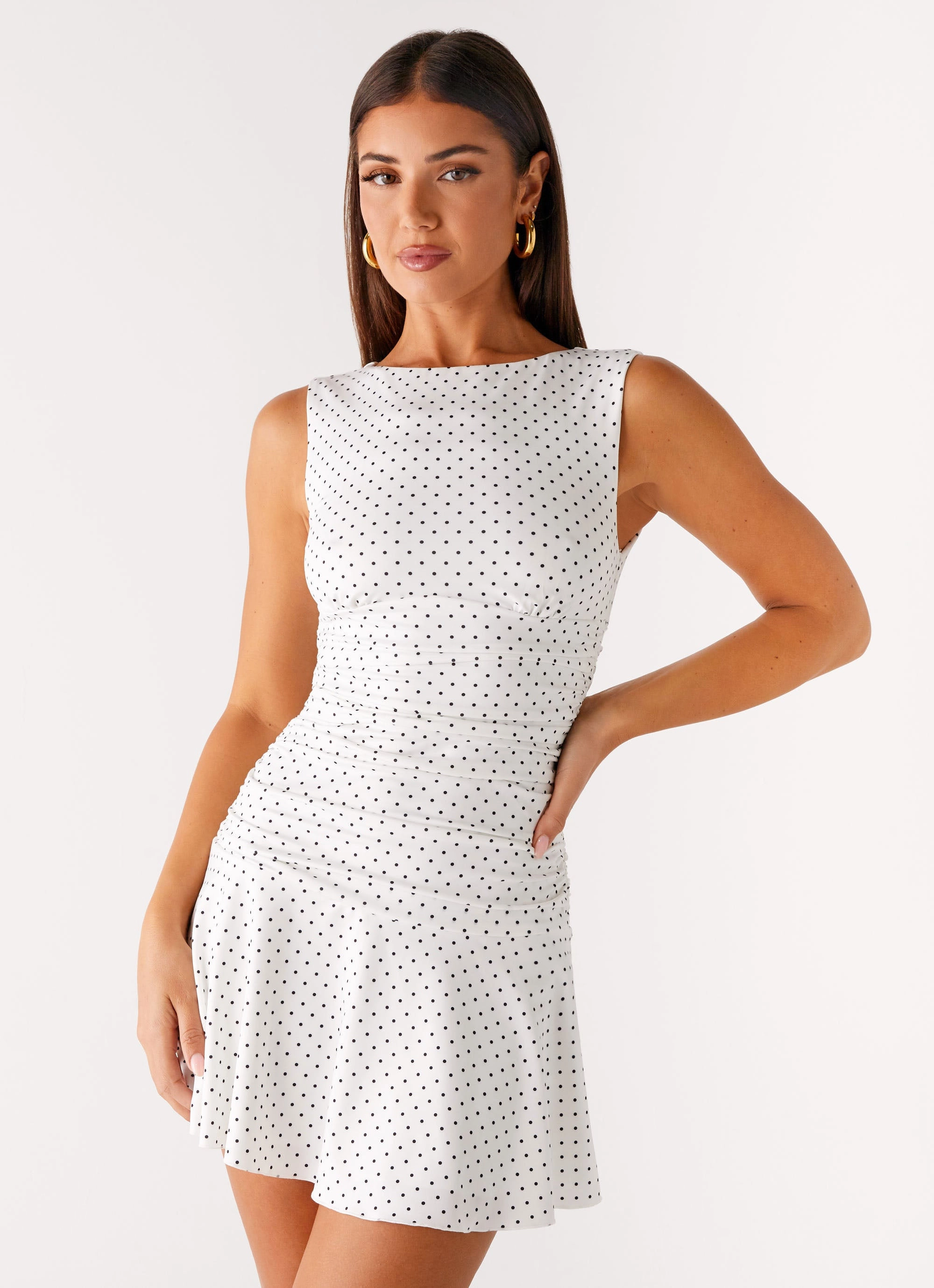 Contrast-Panel Kelda Mini Dress - White Polka Dot