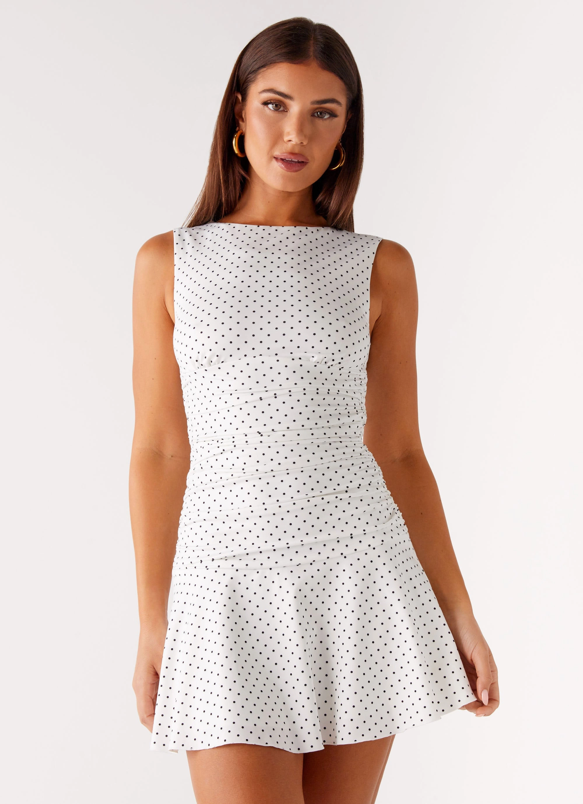 Coral Soft Lounge Mode Kelda Mini Dress - White Polka Dot