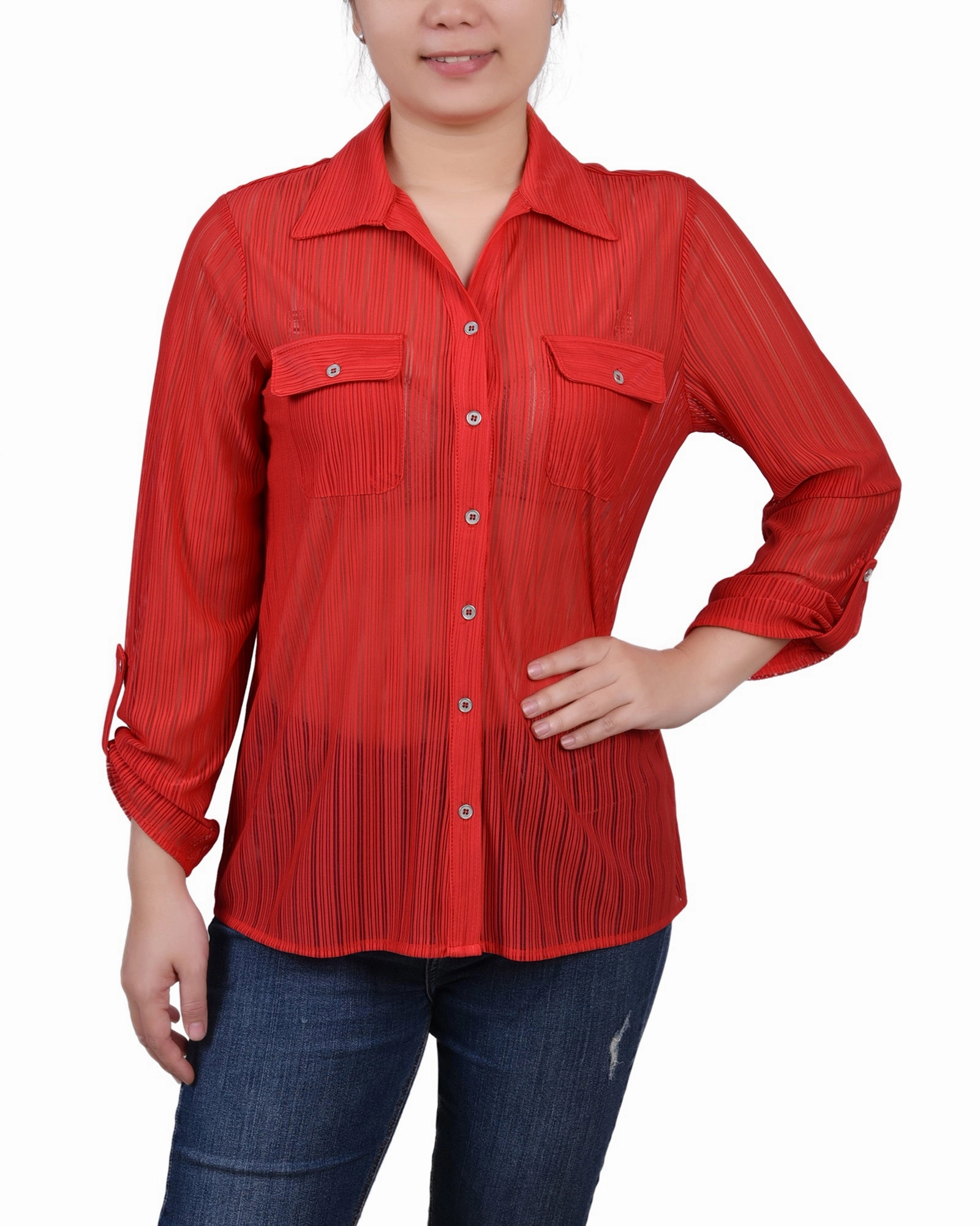Loose Blouse Petite Long Roll Tab Sleeve Burnout Knit Top