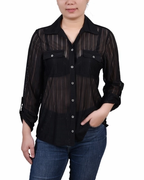 Petite Long Roll Tab Sleeve Burnout Knit Top Soft Cotton Blend