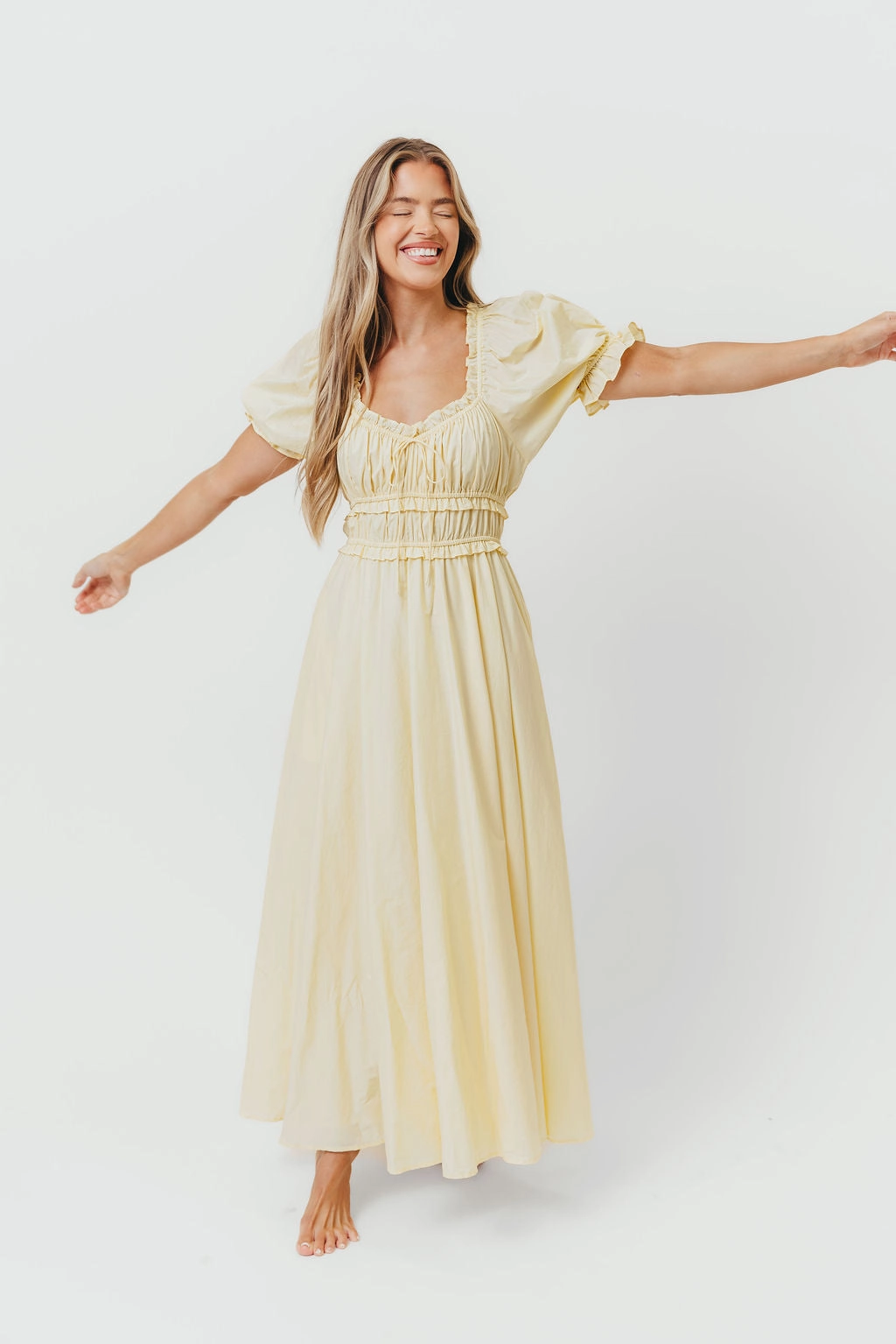 Outdoor Scene Versatile Design Sydnee Cotton Maxi Dress in Butter Yellow - Bump Friendly