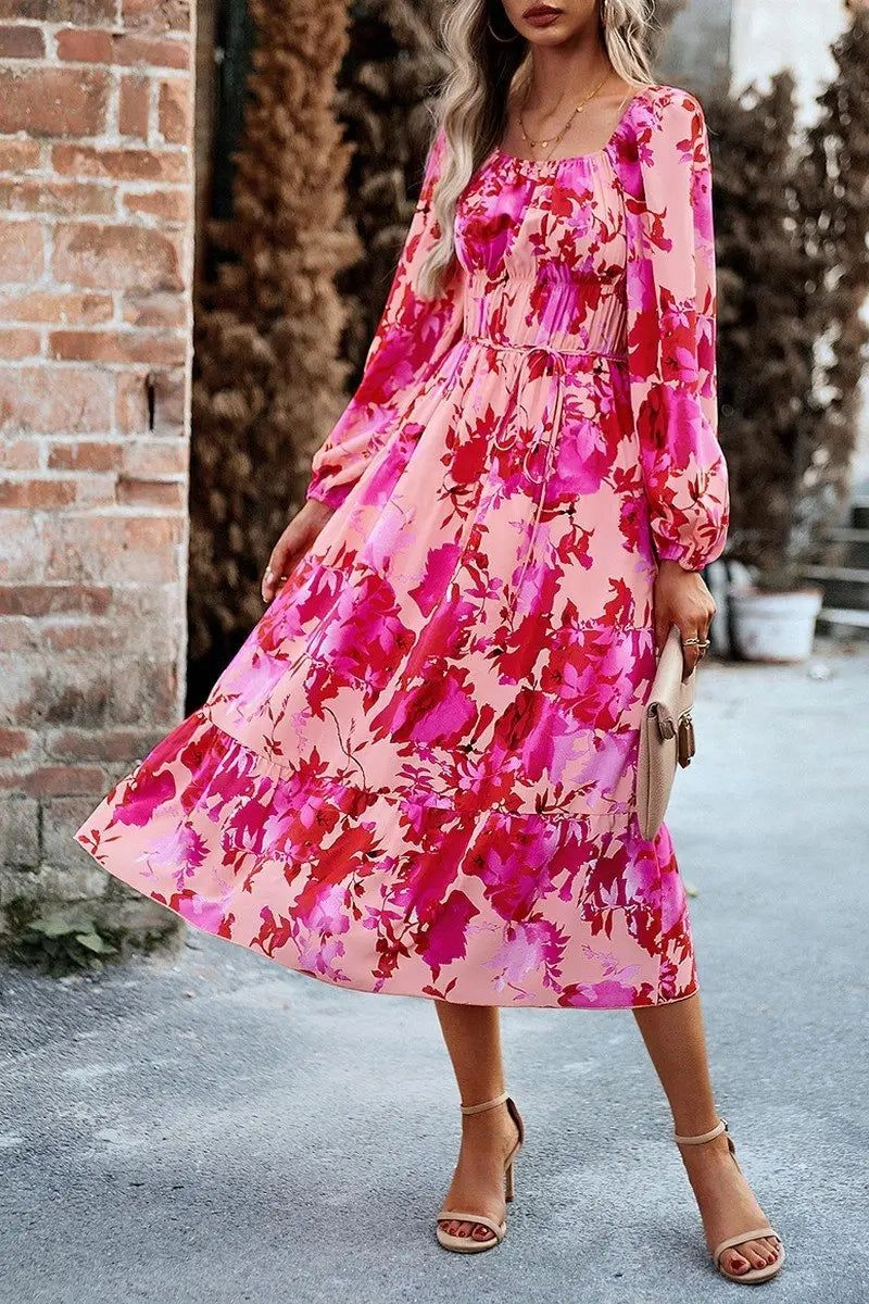 WOMEN FLORAL PATTERN SQUARE NECK MAXI DRESS Fashion Option Timeless Comfort Wear