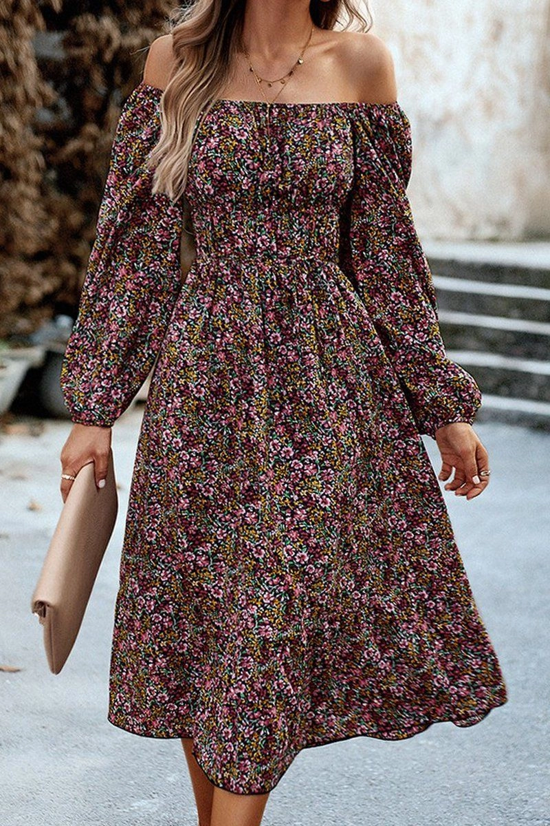 WOMEN FLORAL PATTERN SQUARE NECK MAXI DRESS Snap-Closure