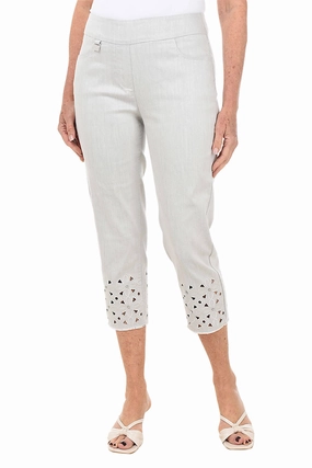 Rhinestone Flower Eyelet Hem Denim Capri Pant Wool blend