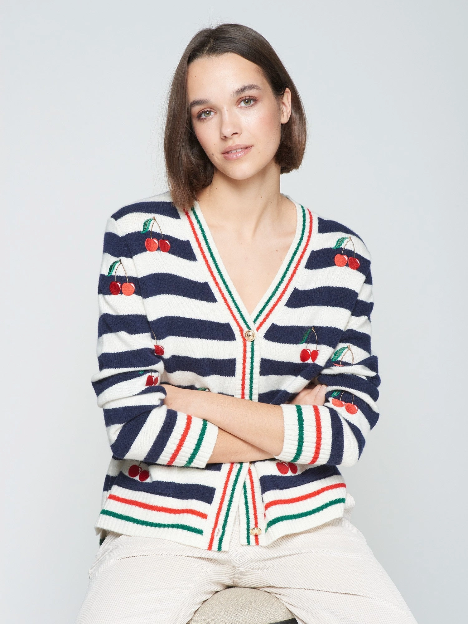 CHERRY EMBROIDERED CARDI BondedSeamTechnology