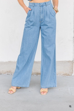 DAISY PLEATED WIDE-LEG DENIM PANTS Sustainable Beach Day