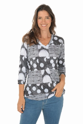 Polka Dot Stripes Crinkle V-Neck Top MultiFunctional Pocket Placement