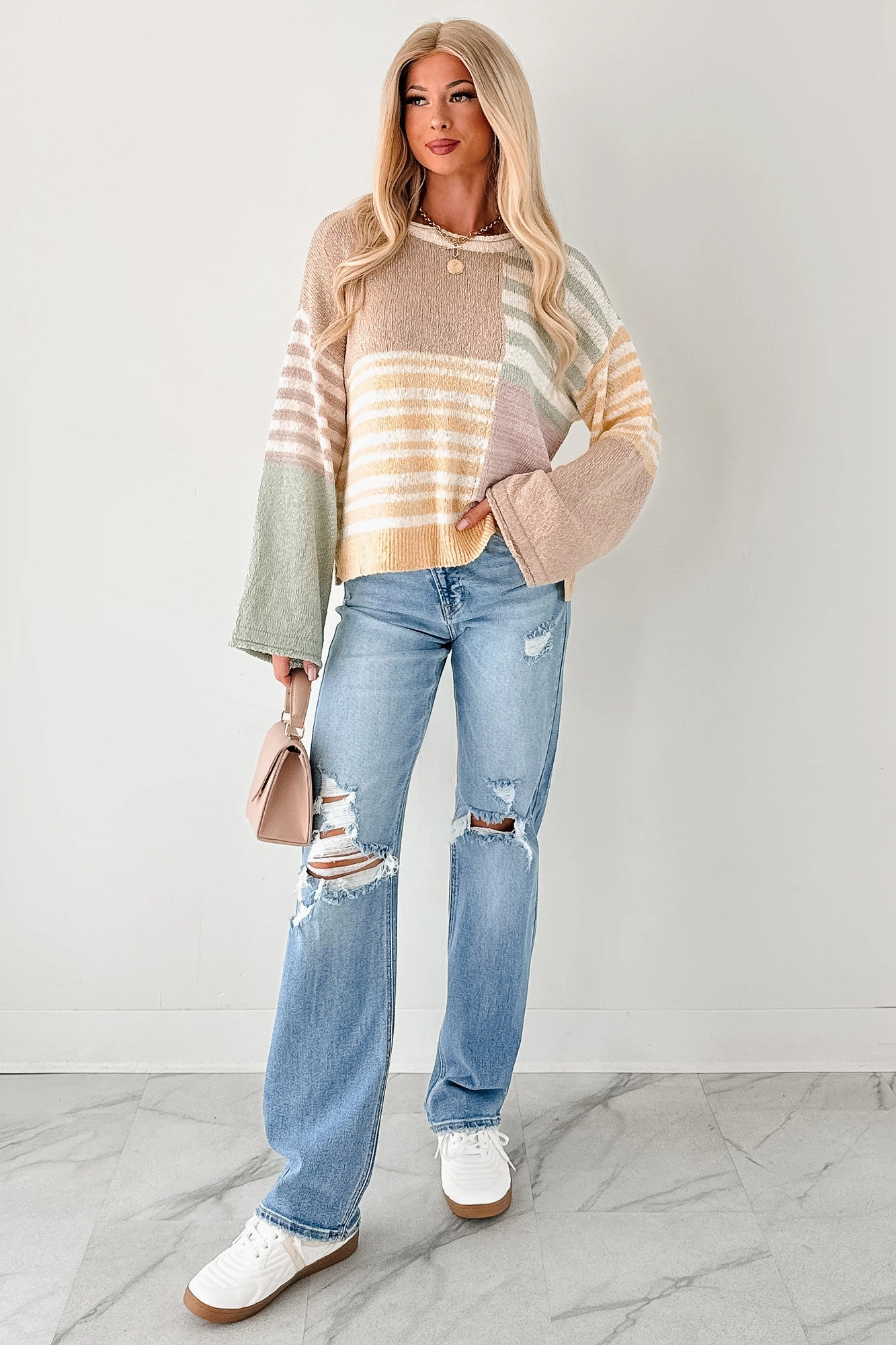 AntiStaticTreatment Two Tone Weave Homebody Era Colorblock Sweater Top (Yellow)