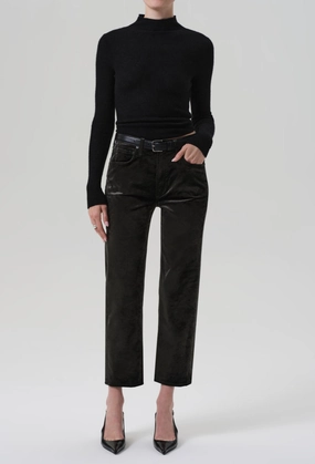 General Fit Delfina High Rise Straight Velvet in Olive Leaf