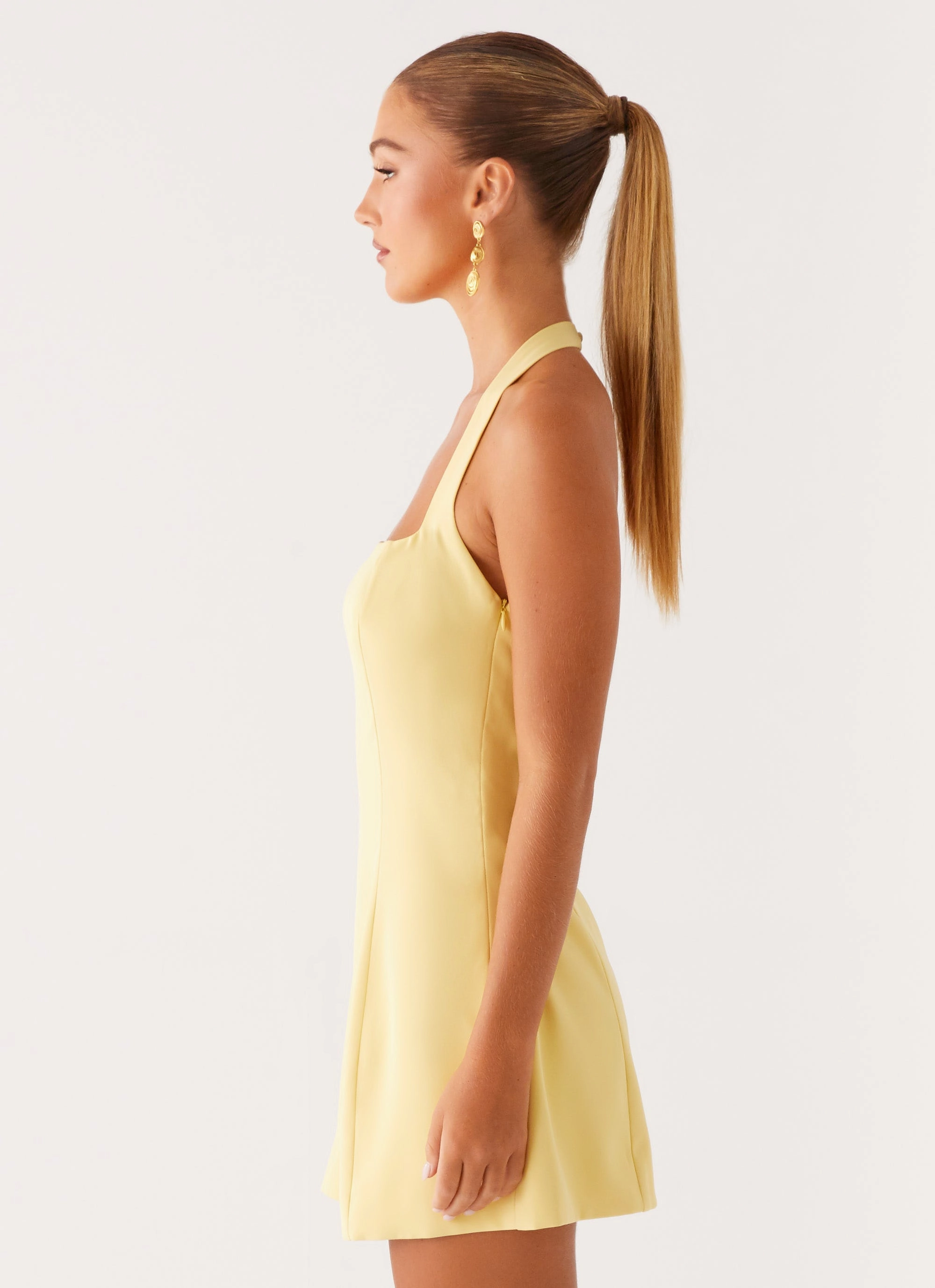 Remi Halter Mini Dress - Yellow Trendy floral dress Feminine Comfort