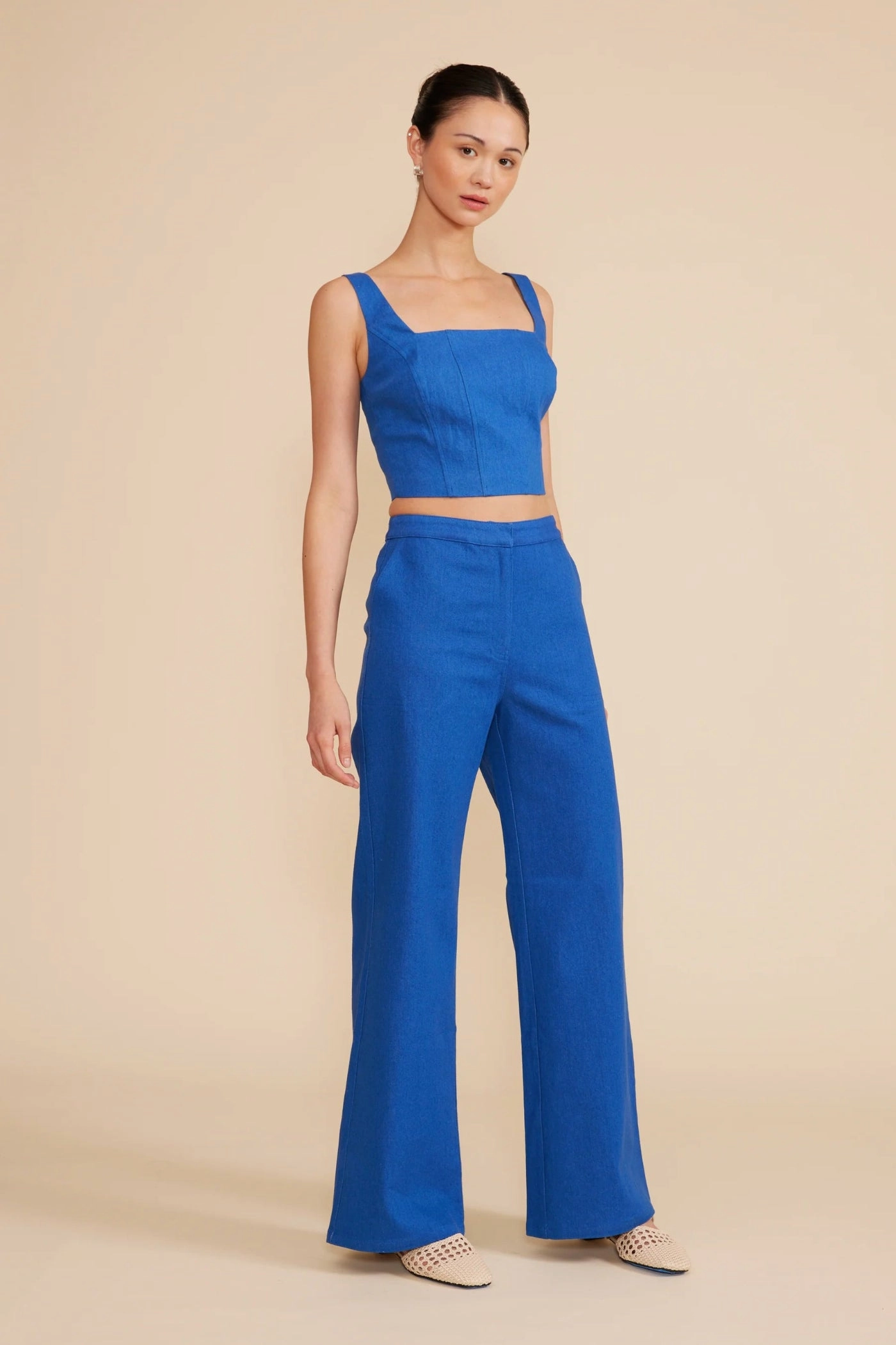 RENNA WIDE LEG BLUE PANTS Rubberized grip