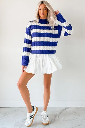 Restful Rhythm Cable Knit Striped Sweater (Royal) Reflective Trims High Neck Design