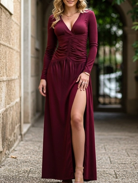 sweet moment Vibrant Waist Retro deep V long sleeve maxi dress