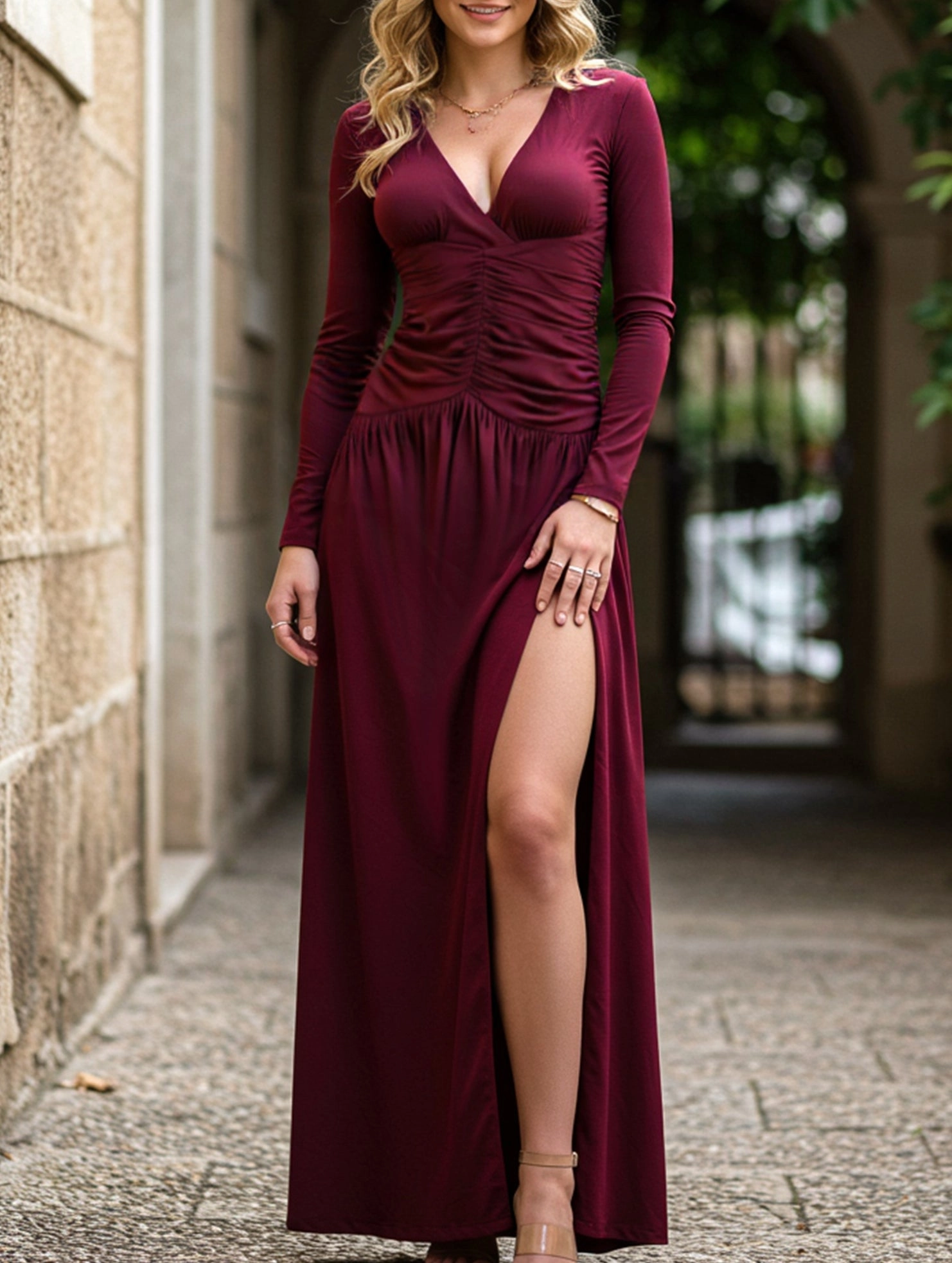 Retro deep V long sleeve maxi dress Casual Layers