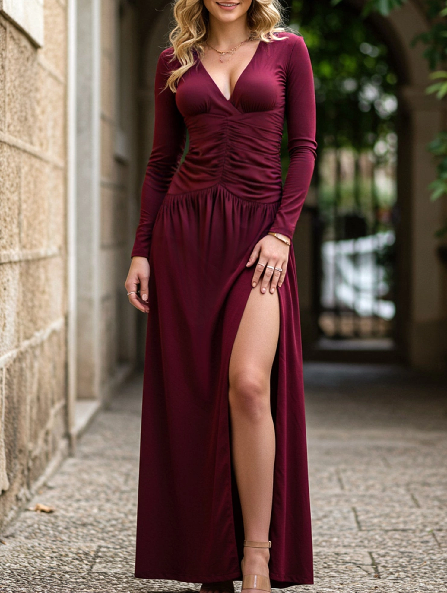 Ready Anytime Street Ready Retro deep V long sleeve maxi dress