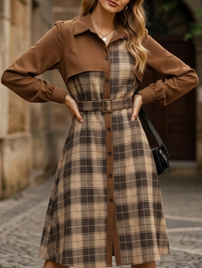 Smart Layer Wear Retro-style shirt collar plaid patchwork dress