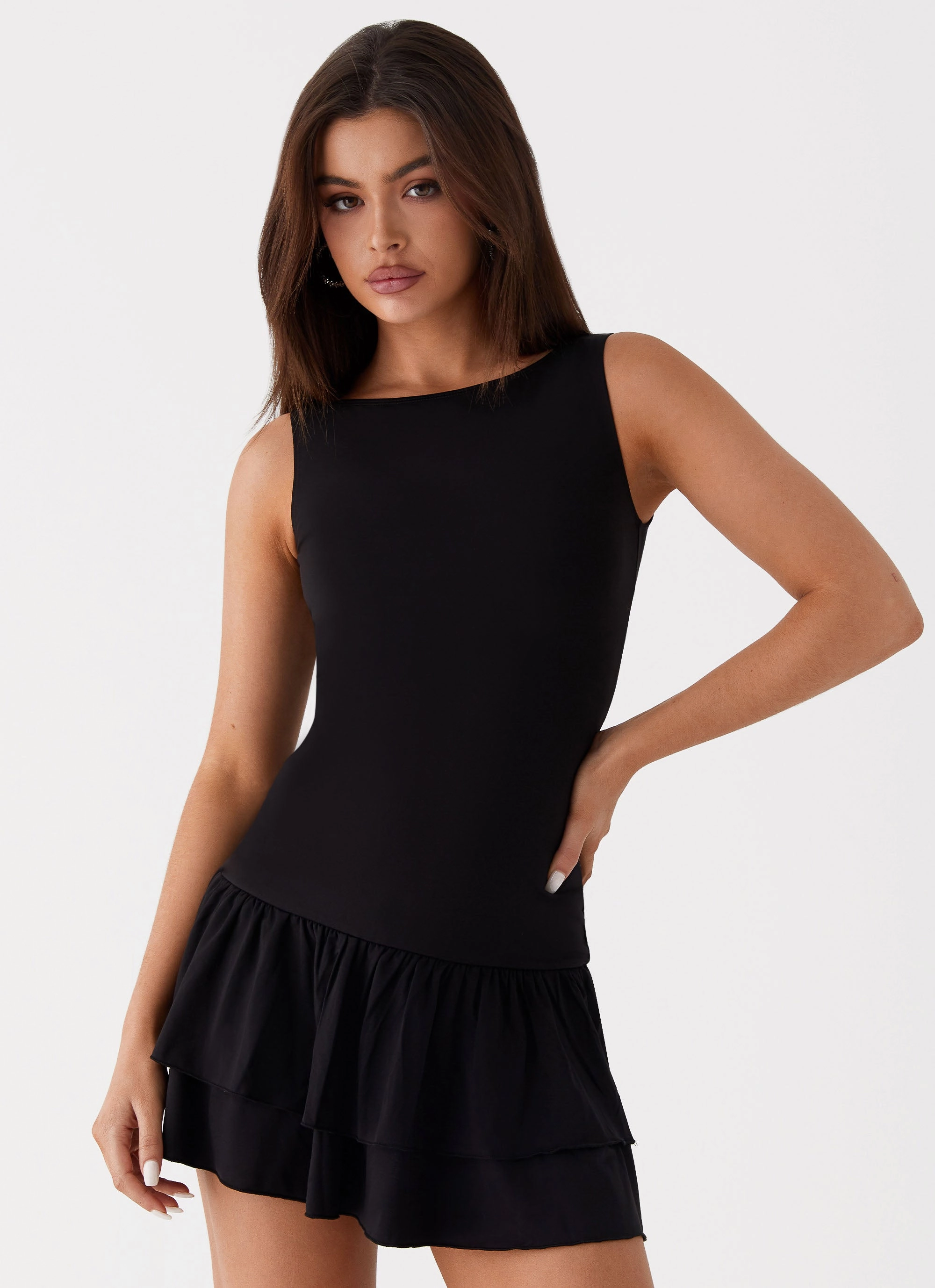 Rhiannon Frill Mini Dress - Black Petite friendly All-Season Comfort