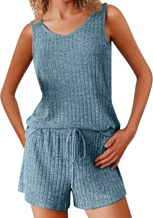 Ribbed Knit Pajama Sets for Womens 2 Piece Sleeveless V Neck and Shorts Lounge Set Summer Cute Soft Comfy Outfits